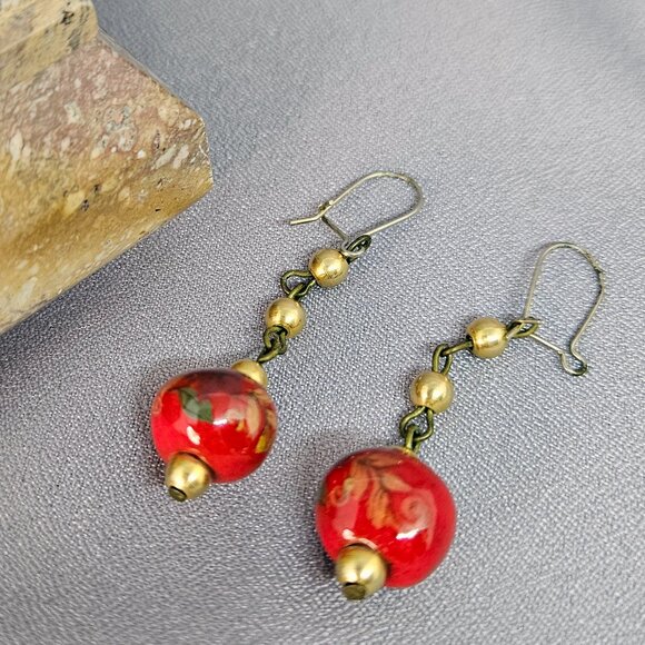 Red Ceramic Beaded Earrings, w/ Flower Design, & gold tone accent beads - 2" - Picture 7 of 7